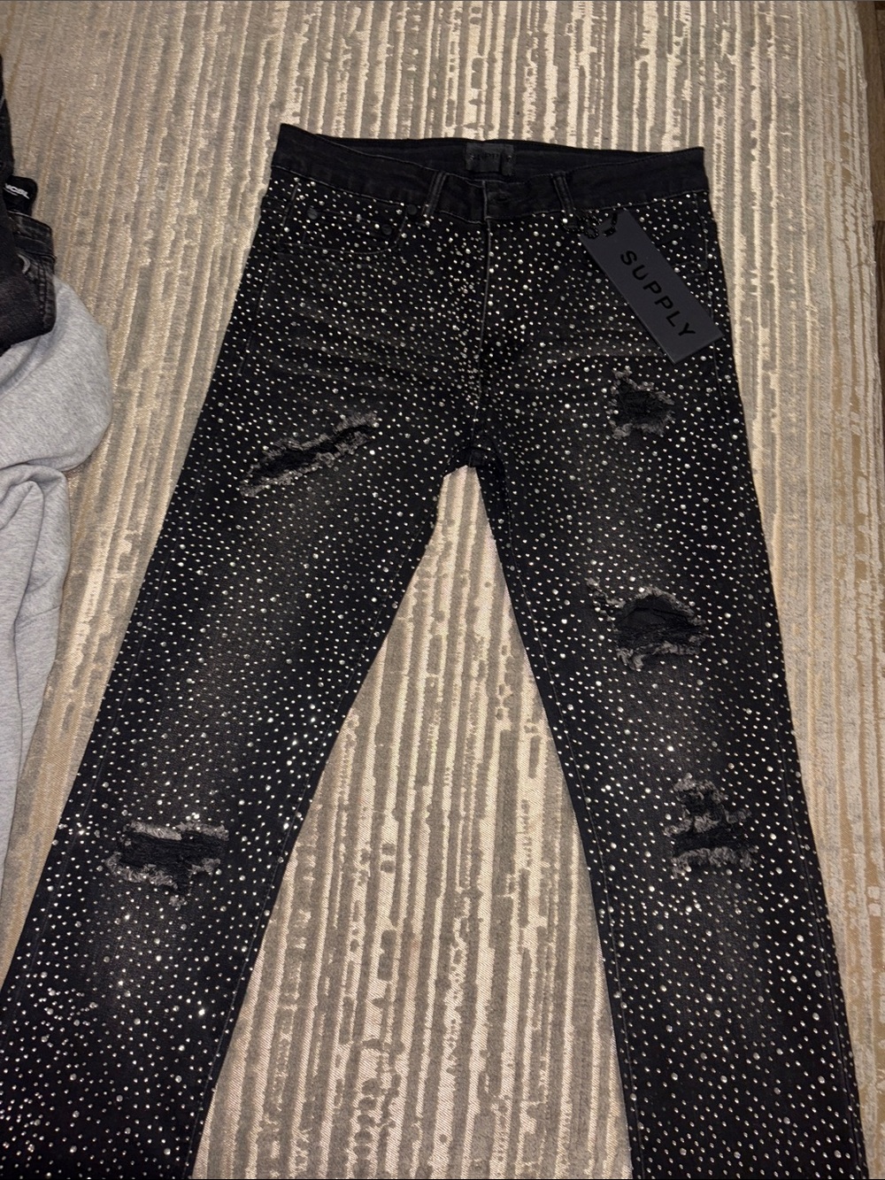 Men's Black Distressed Skinny Jeans with White Dot Print